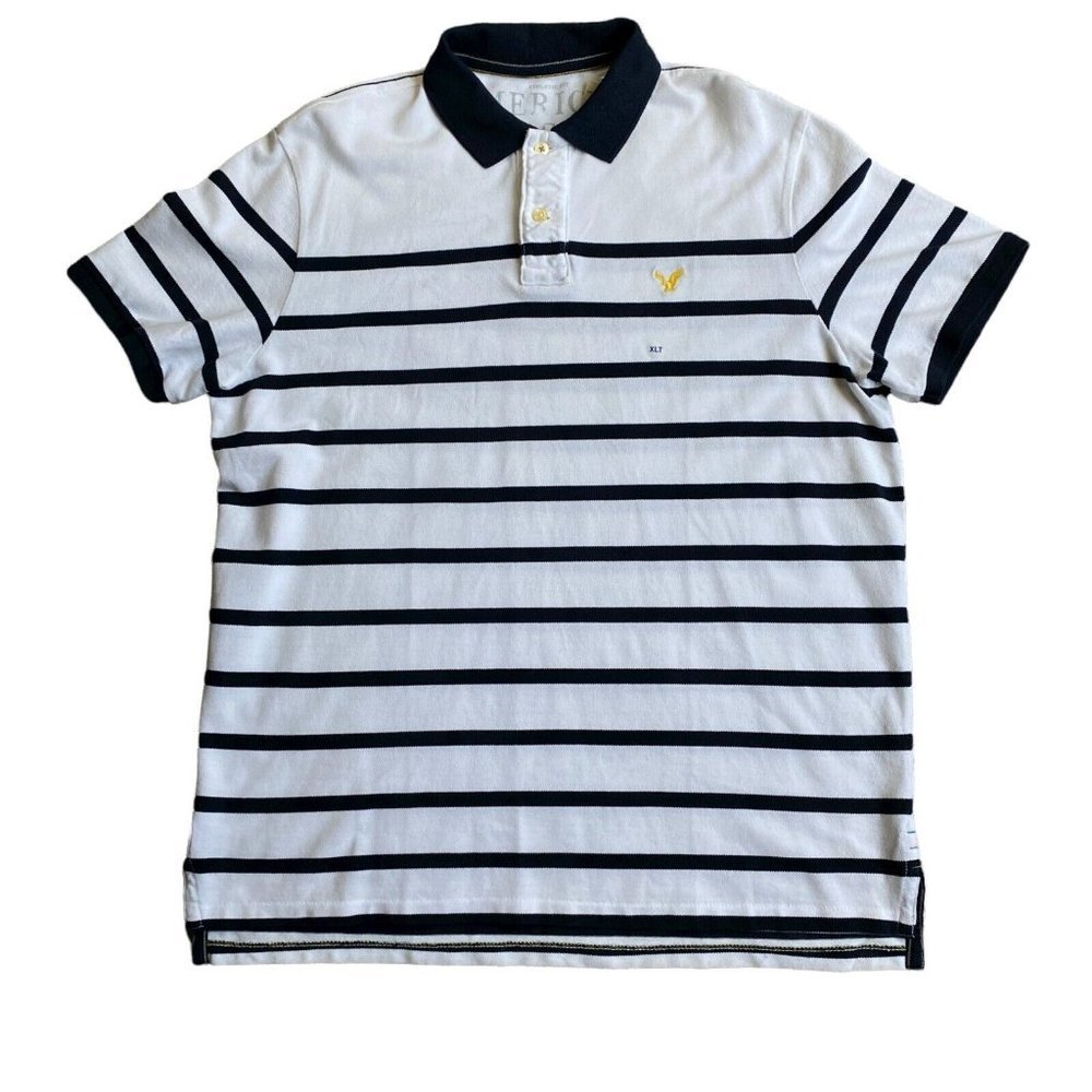 NEW American Eagle Polo Shirt Adult Extra Large XL Tall White Blue Striped Mens